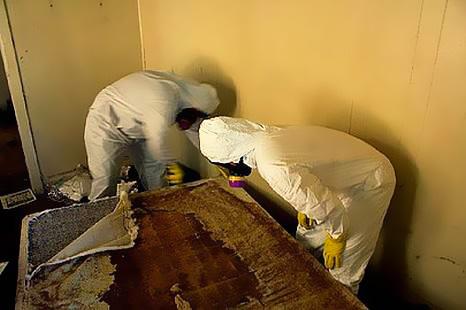 Deux personnes en combinaison étanche en train de nettoyer un lit d'une personne décédée